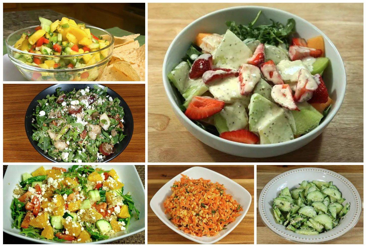 A variety of summer salads including fruit salad, green salad, quinoa salad, carrot salad, and cucumber salad